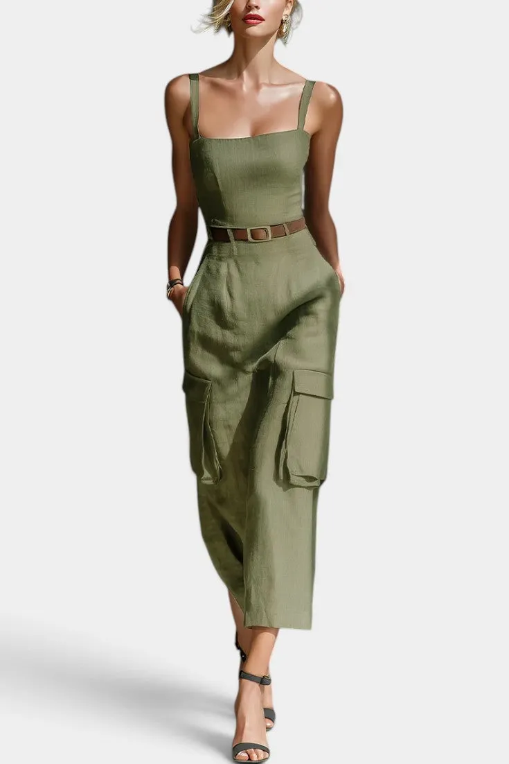 Square Neck Linen Jumpsuit with Cargo Pockets and Belt