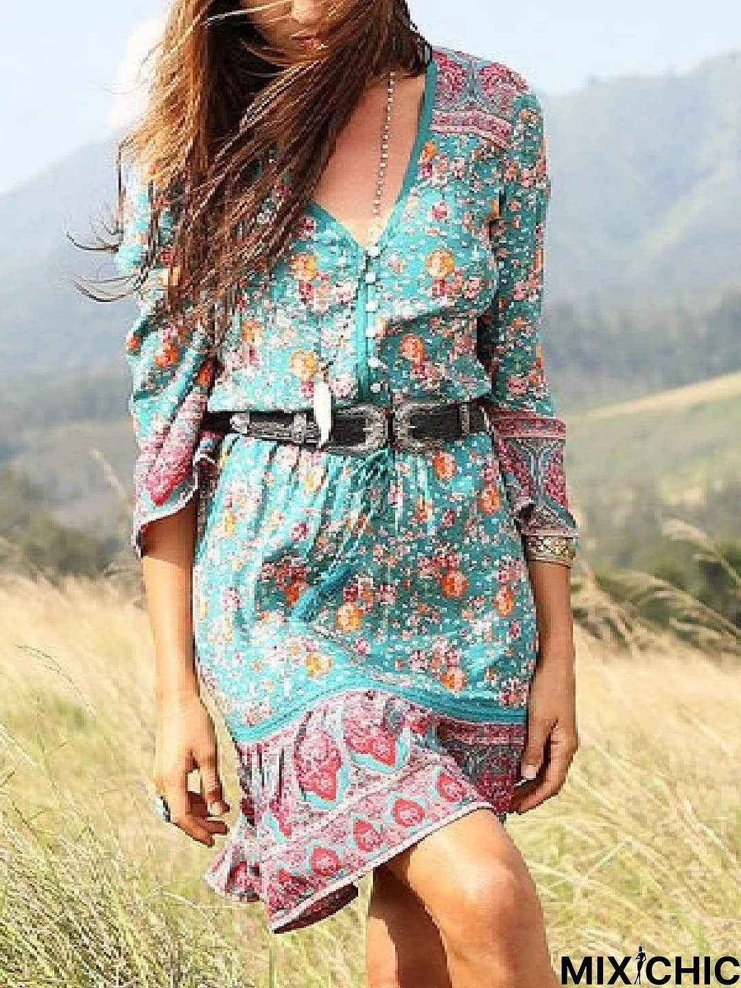 Casual V Neck Printed 3/4 Sleeve Weaving Dress