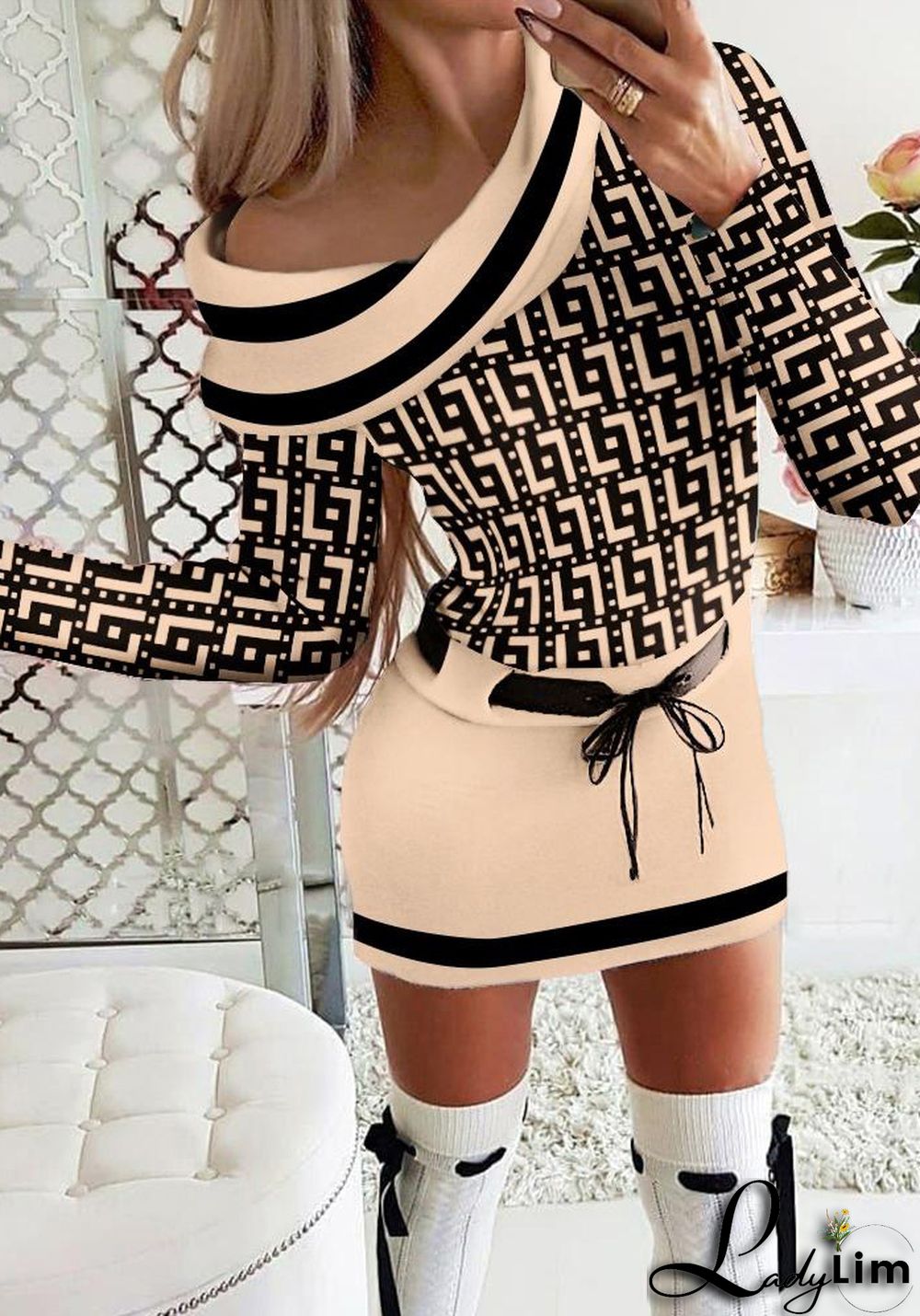 Women Turndown Collar Print Lace-Up Dress