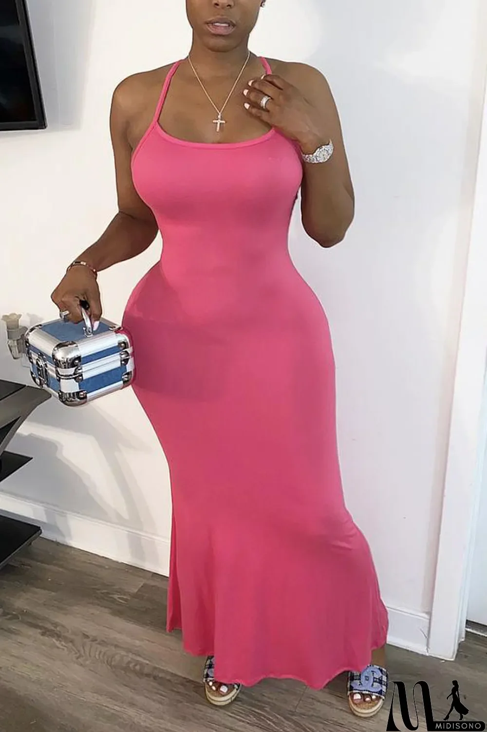 MidiSono - Orange Sexy Orange rose red Shallow yellow Spaghetti Strap Sleeveless Slip Mermaid Ankle-Length Solid Dresses