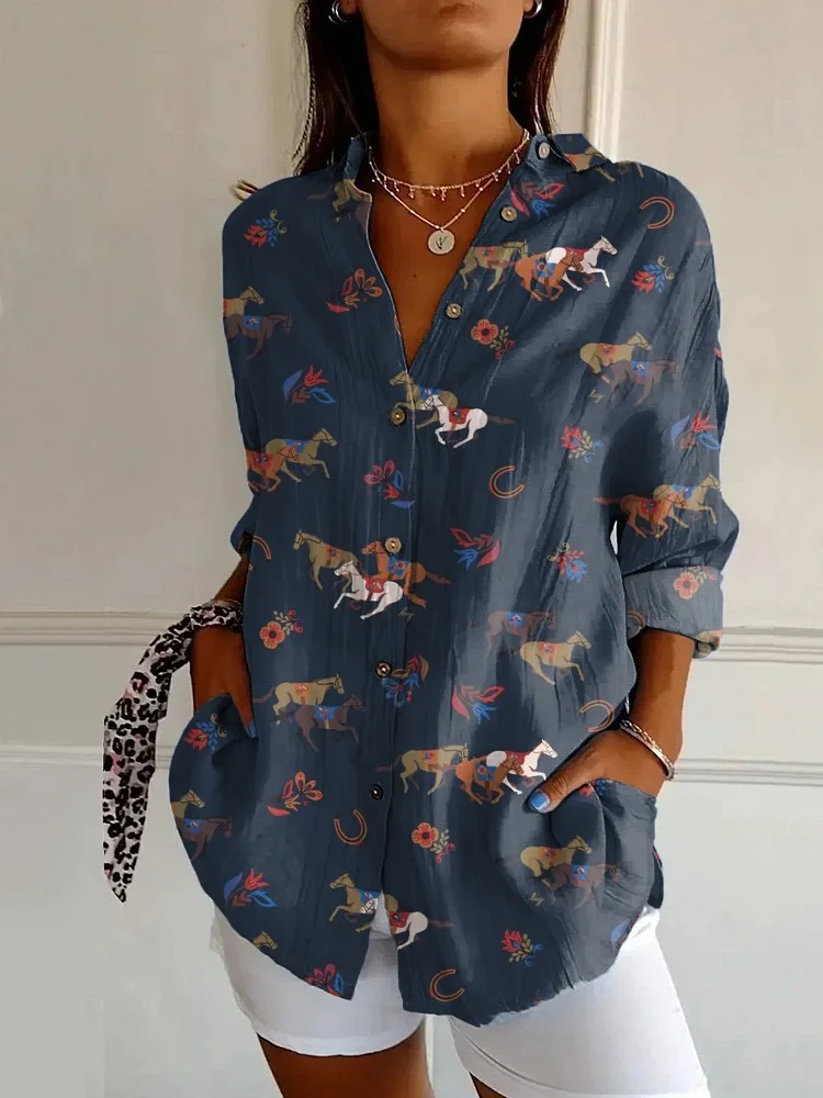 Vintage Western Horse Print Casual Long Sleeve Shirt