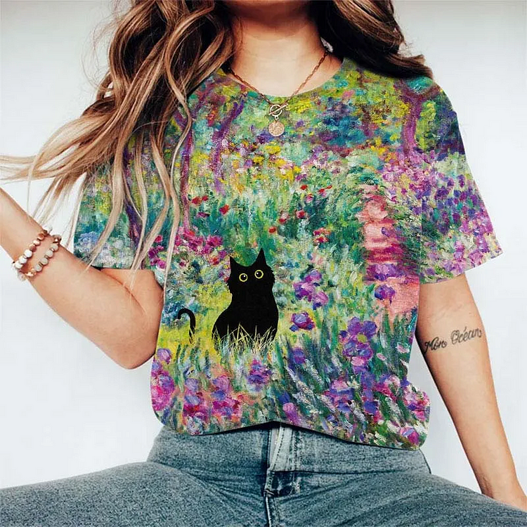 Abstract Creative Monet Irises Garden Cat Oil Painting Art T-Shirt