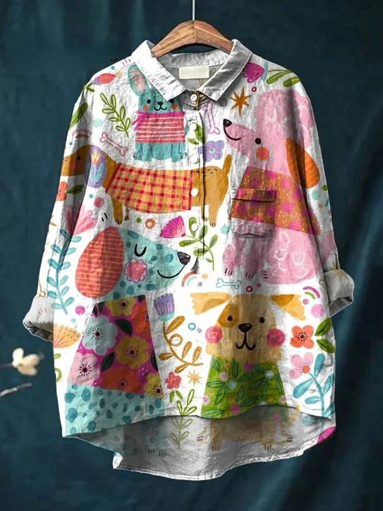 Colorful Simple Color Block Combination Puppy Decorative Pattern Casual Cotton And Linen Shirt