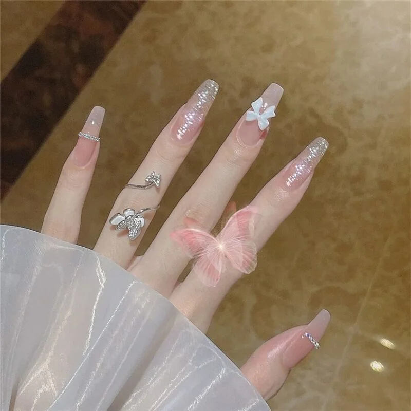 24pcs French False Nails Long White Butterfly Decal Coffin Fake Nails with Glue Manicure Bride Wedding Ballerina Nail Art Tips-Nail Inspo