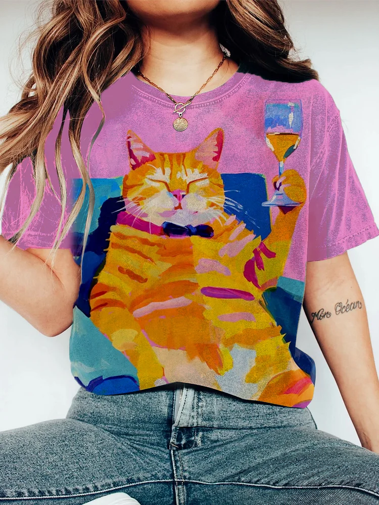 Women's Cheers Lazy Sofa Orange Cat Print Casual T-Shirt