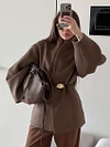 Women's Winter High-End Elegant Design Brown Waist-Cinching Woollen Coat