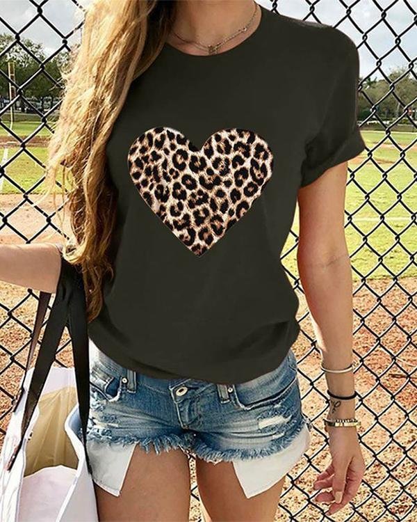 leopard heart women short sleeve shirt printed tops p125555