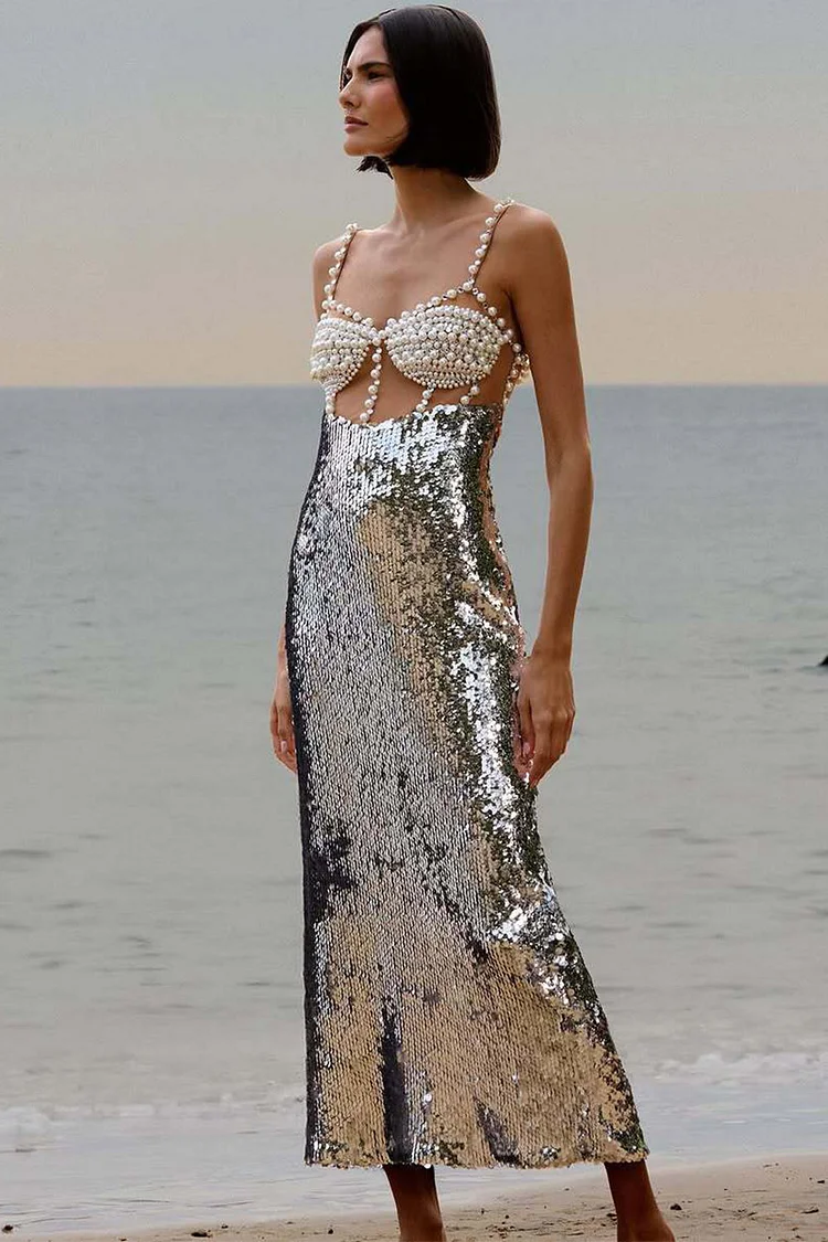 Pearl Embellished Sequin Midi Dress-Silver