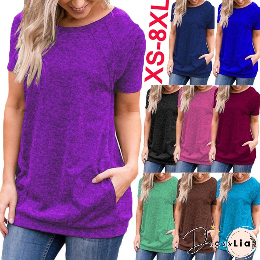 Women Summer Tops Femme Round Neck Loose Waist Shirts Casual Plus Size Elegant Ladies Fashion Cotton Pullovers Pure Color Short Sleeve Blouse Lady T Shirt XS-8XL