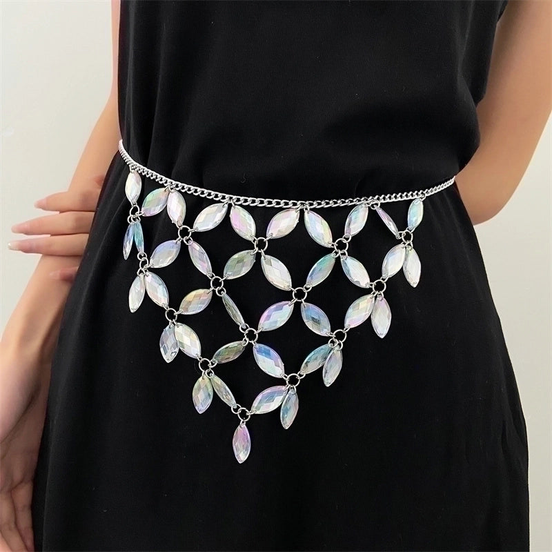 Hawaiian Lady Shiny Heart Shape Flower Stainless Steel Copper Metal Buckle Beaded Chain Zircon Women’S Chain Belts