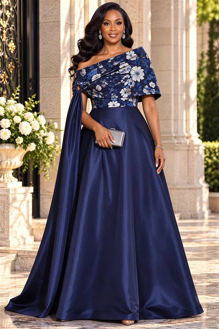Xpluswear Design Plus Size Formal Navy Blue Oblique Collar Contrast Satin Maxi Dresses [Pre-Order] 2024 - Xpluswear