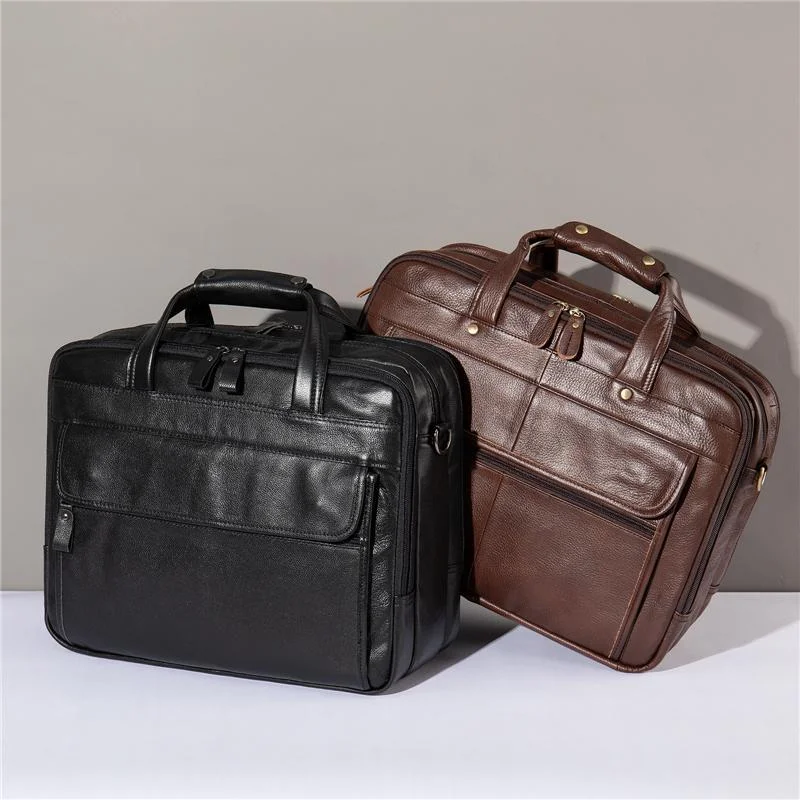Mens Layered Vintage Waterproof Durable Large Capacity Leather Business Briefcase