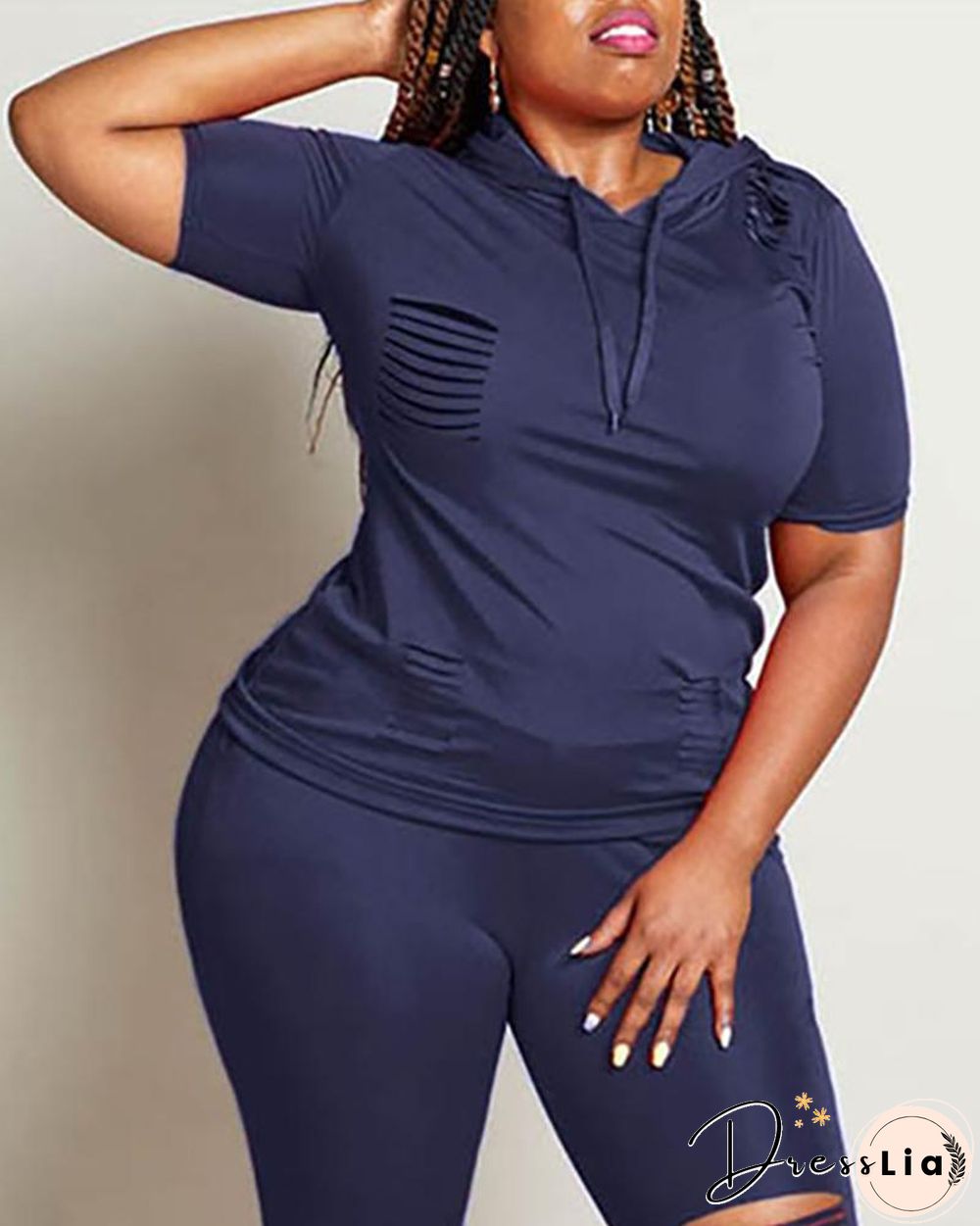 Solid Ladder Cutout Hooded Top & Pants Set