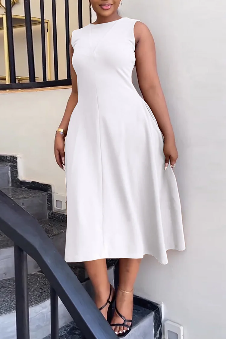 Xpluswear Plus Size White Work Solid Sleeveless Midi Dresses 