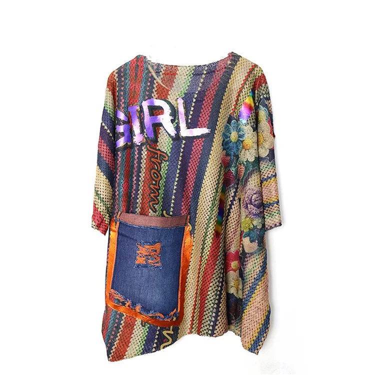 Fashion O-neck Colorful Striped & Letter Printed Half Sleeve T-shirt     
