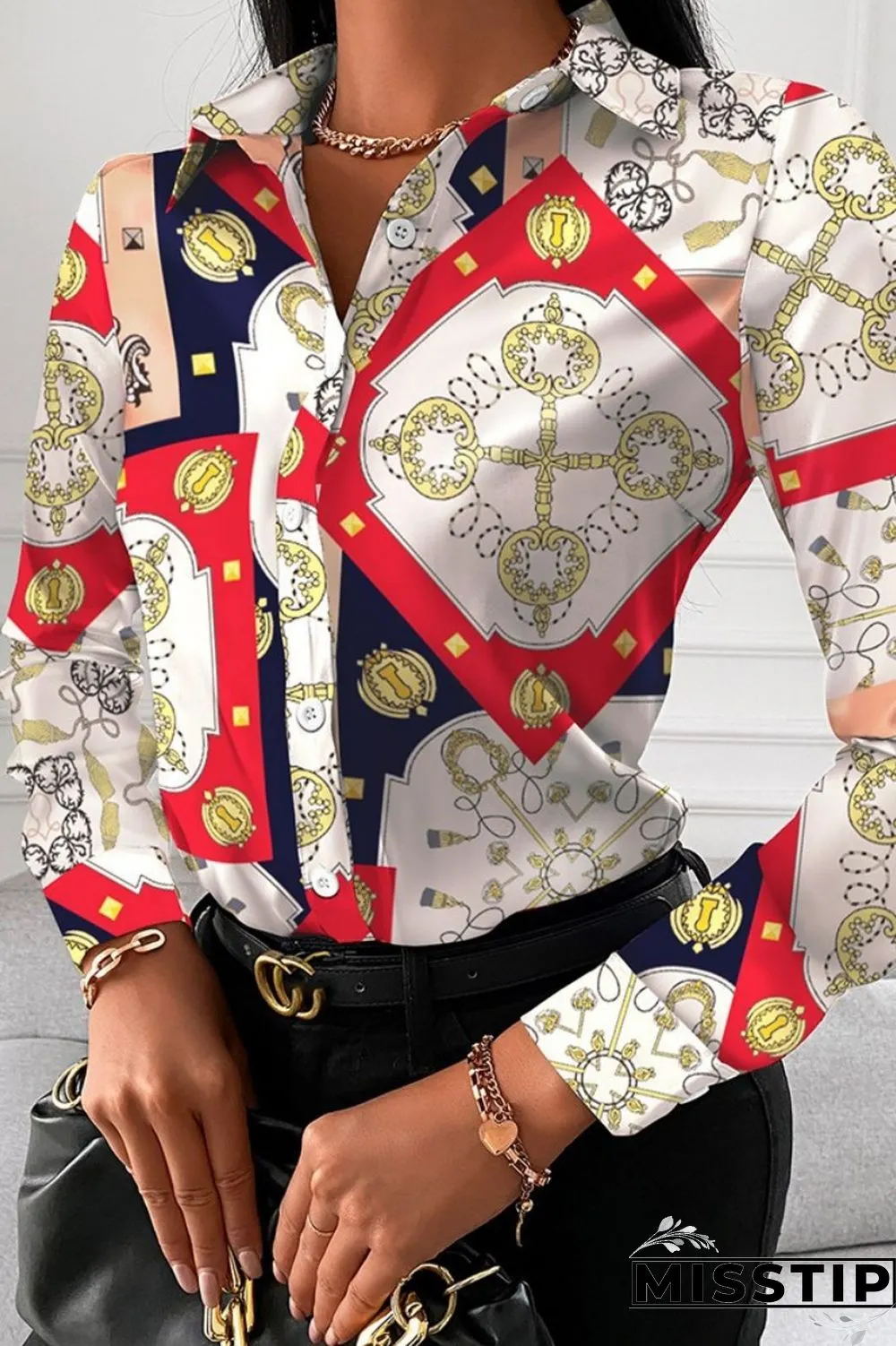 Black Red Casual Print Patchwork Shirt Collar Tops