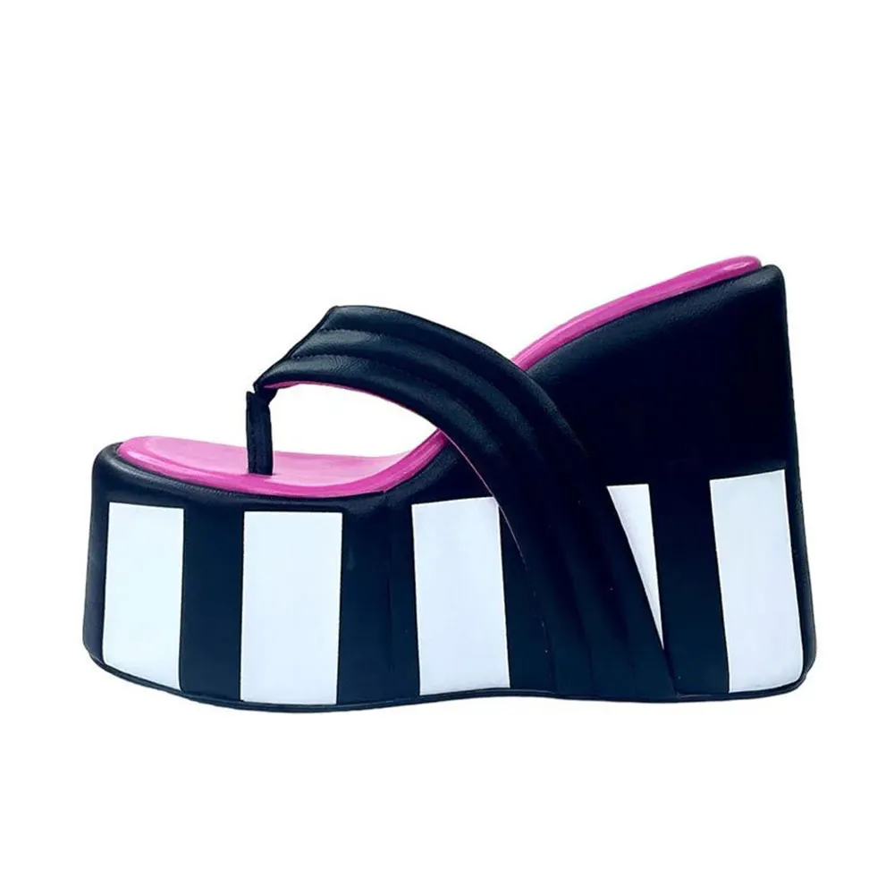 Black & White Round Toe Wedge High Heel Flip Flop Platfrom Sandals