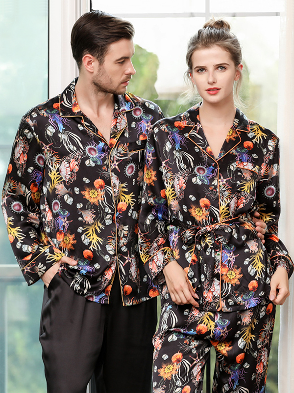 Flowers Printed Long Sleeves Couple's Silk Pajamas