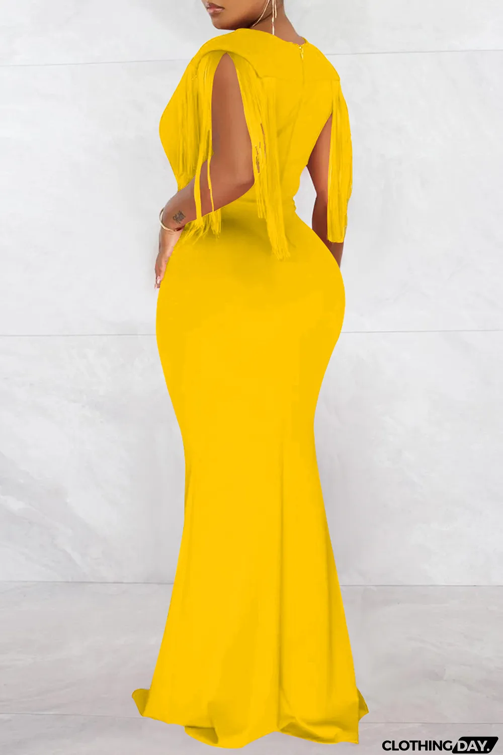 Black Fashion Sexy Solid Tassel Patchwork V Neck Long Dress