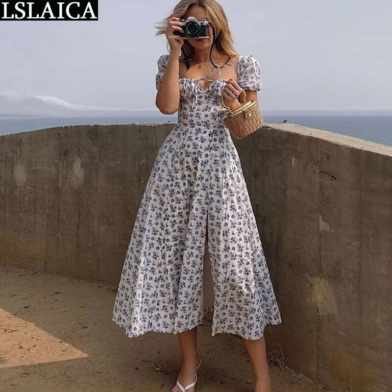 Woman Dress Summer Puff Sleeve Square Collar Floral Dress Strappy Split High Waist Beach Holiday Maxi Dress Vestidos De Mujer