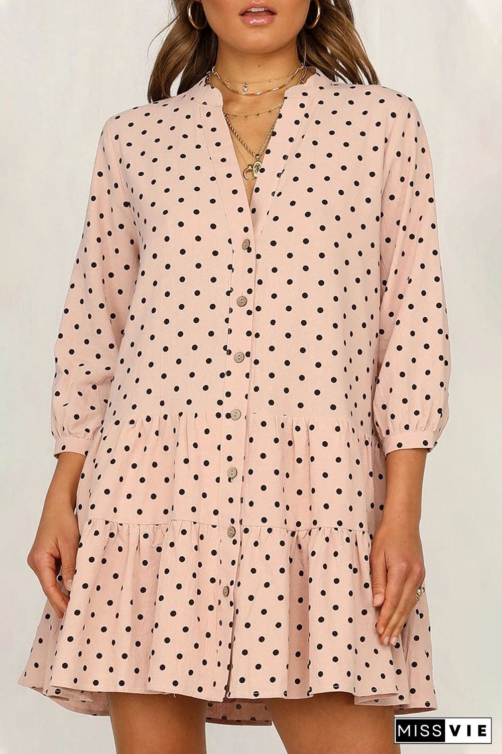 Fashion Street Dot Split Joint Mandarin Collar Printed Dresses