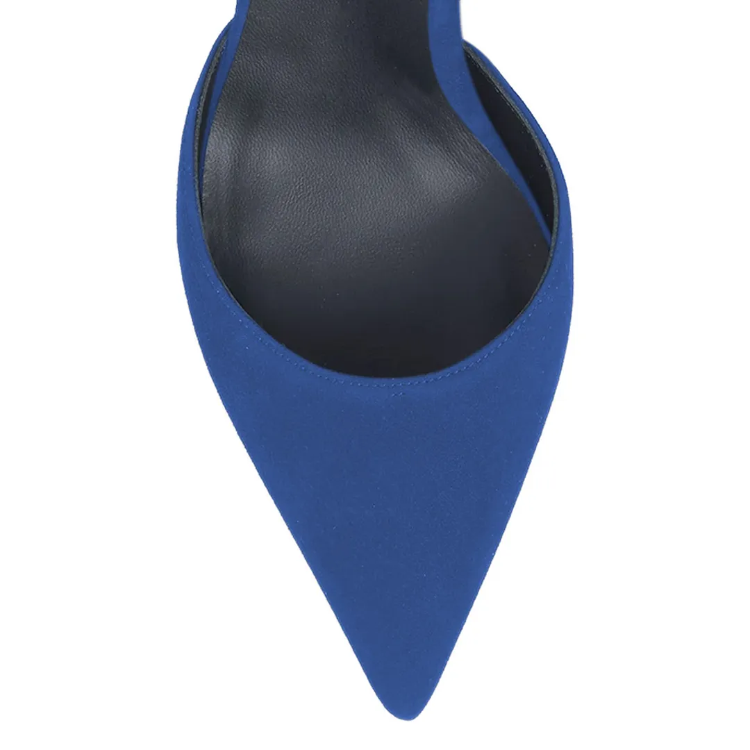 YDN Women's Blue Vegan Suede Pointed Toe Simple Slingback Heels