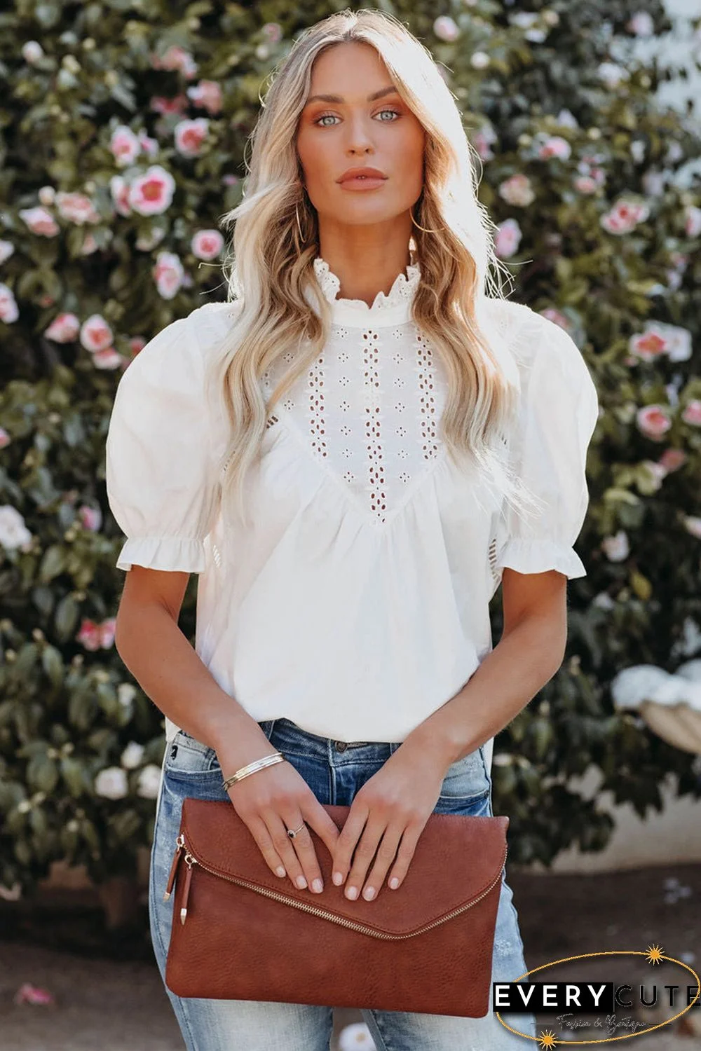 White Frilled High Neck Eyelet Pattern Puff Sleeve Top