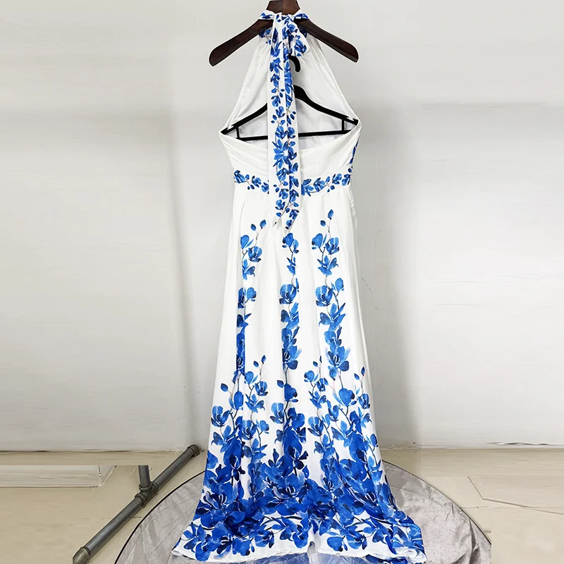 Nigikala Nigikala Spring And Summer New Star Fashion Printing Leisure Holiday Dress Hanging Neck Long Dress