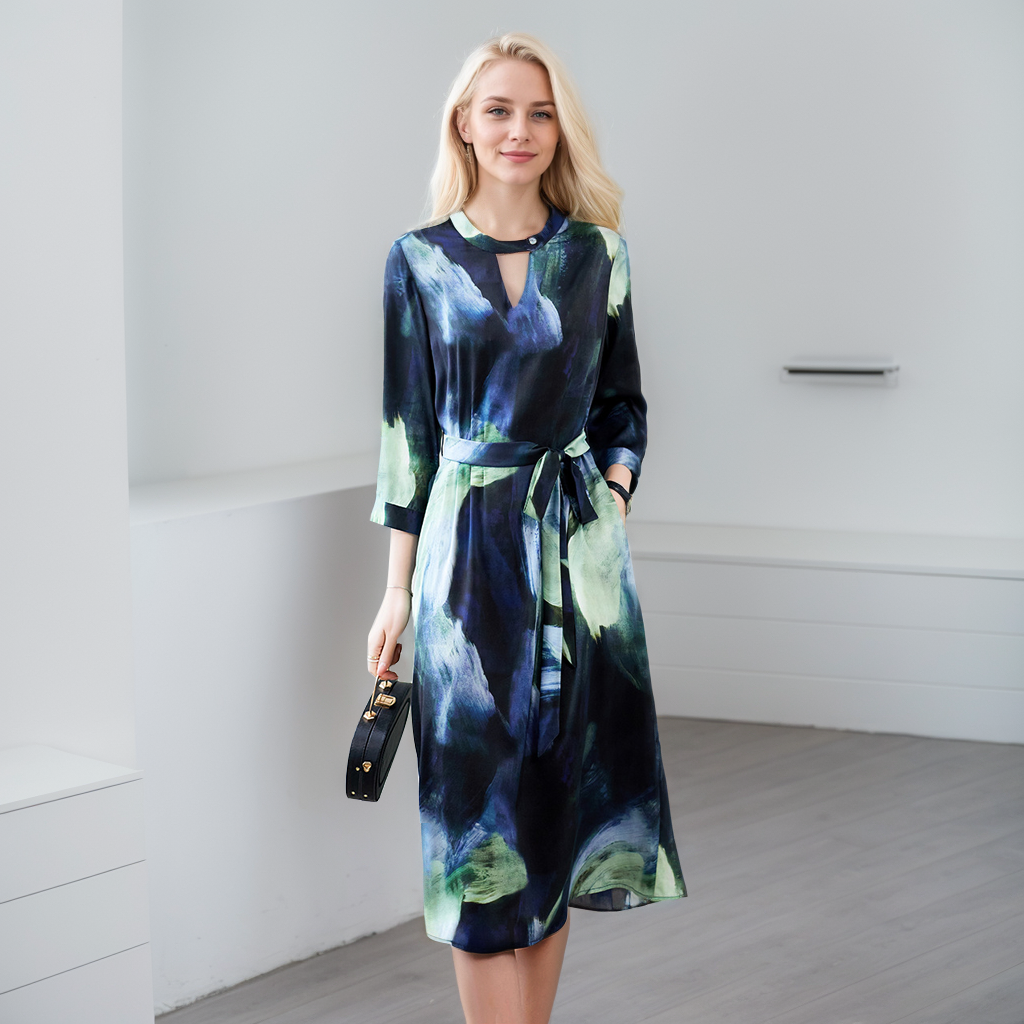 Silk Midi Dress Hollow Design For Office Lady REAL SILK LIFE