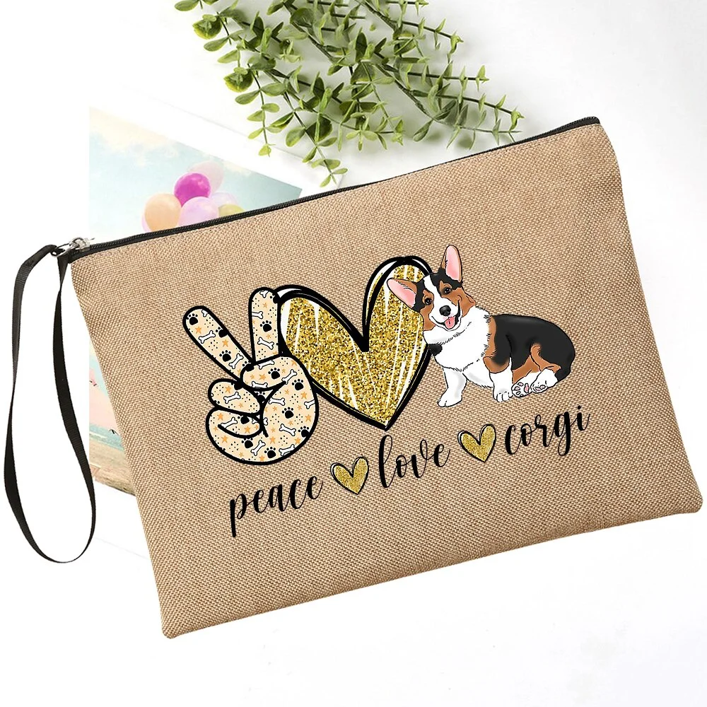 Peace Love Dogs Funny Dogs Paws Makeup Bag Corgi/bulldog/schnauger/ Dog Lovers Makeup Cosmetic Cute Toiletry Bag Zipper Pouch