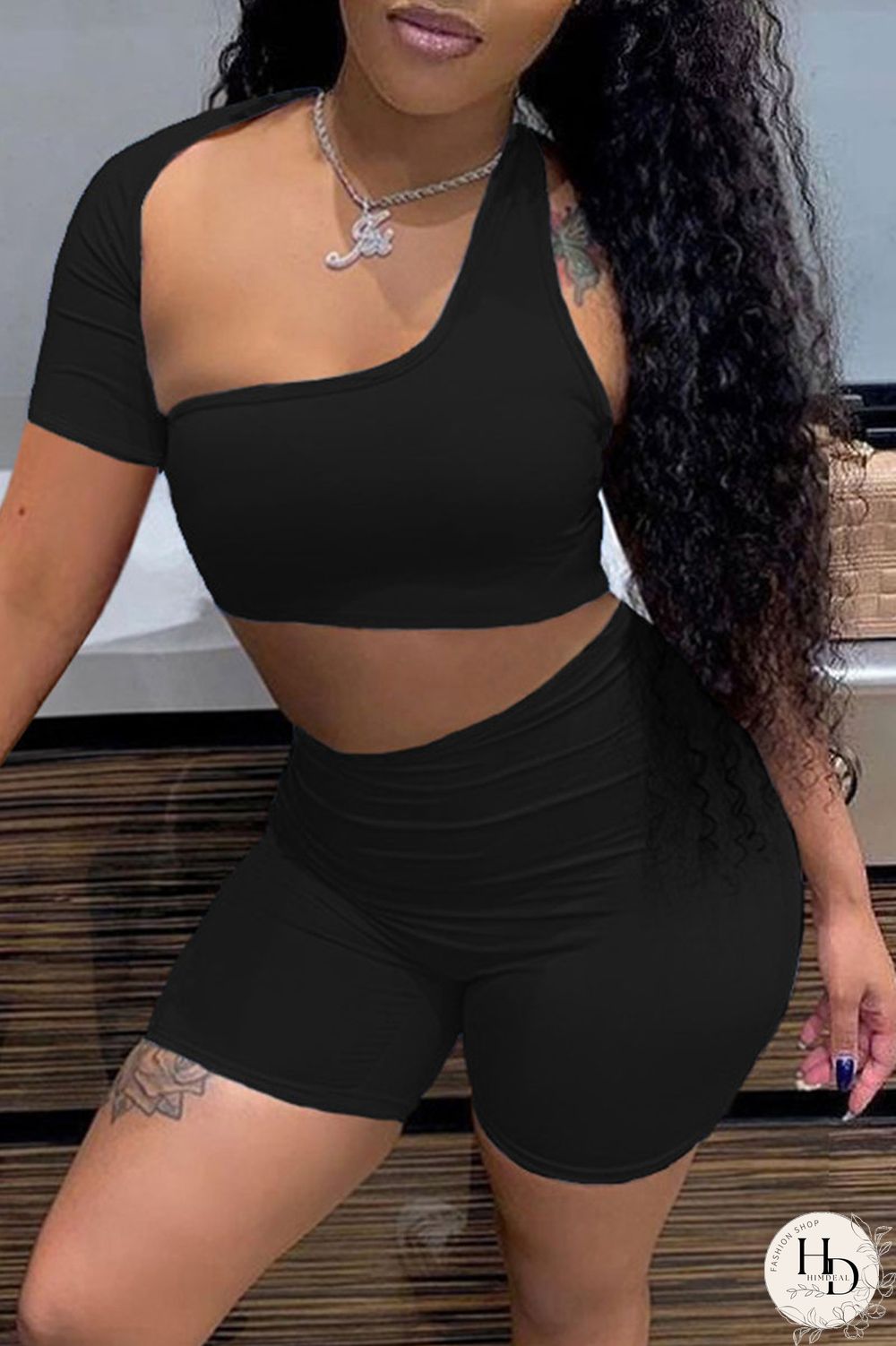 Blue Sexy Solid Hollowed Out Asymmetrical Collar Short Sleeve Two Pieces