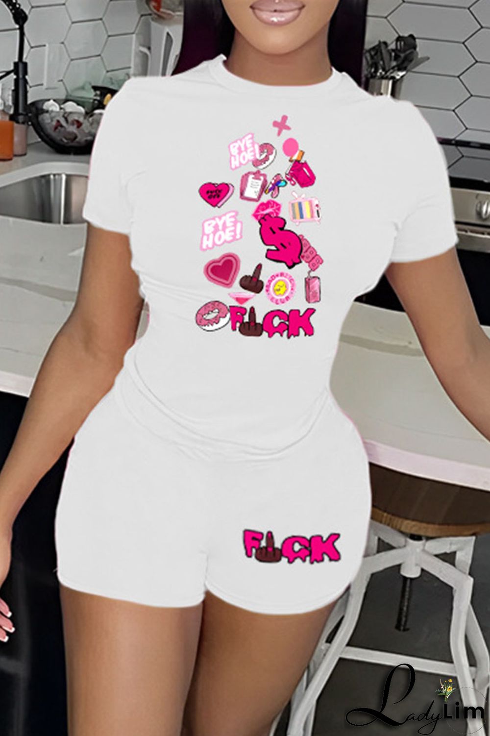 Orange Casual Print Patchwork O Neck Short Sleeve Two Pieces