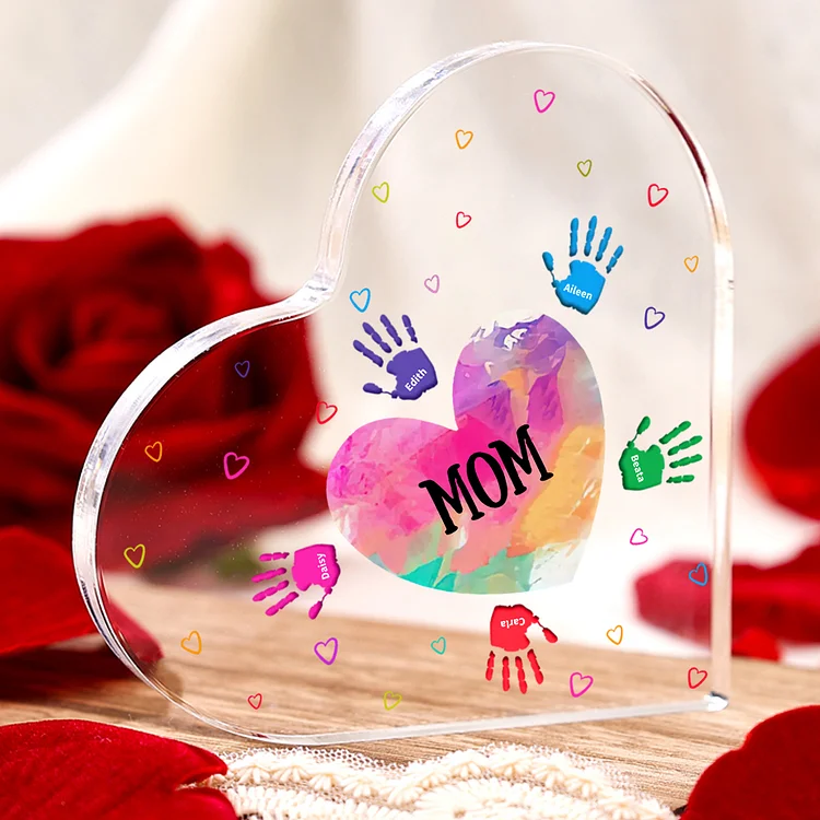 Personalized Mom Acrylic Heart Keepsake Custom 1–10 Names Ornaments Colorful Handprints Family Mother's Day Gifts