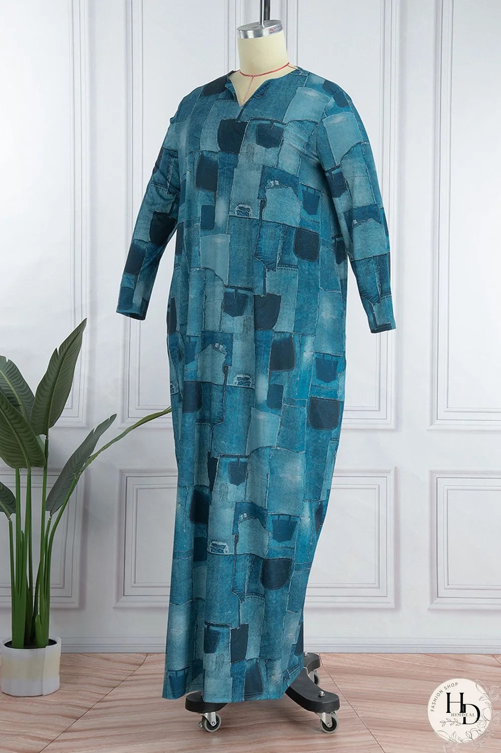 Blue Casual Print Patchwork V Neck Long Sleeve Dresses