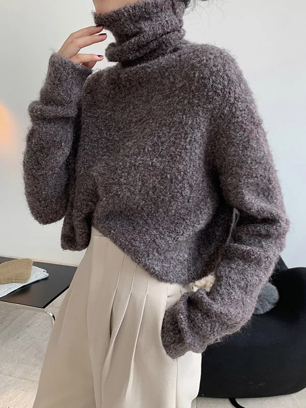 Stylish Solid High-Neck Wool-Blend Sweater