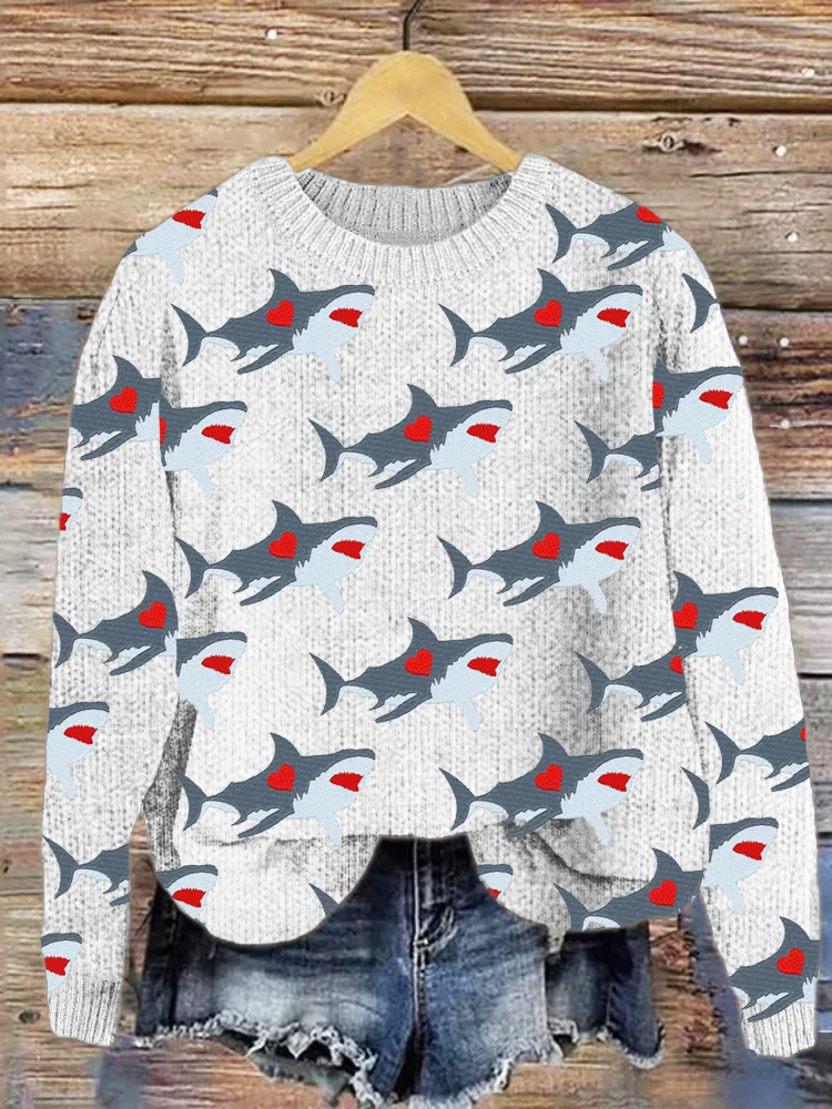 Valentine Love Heart Shark Pattern Cozy Knit Sweater