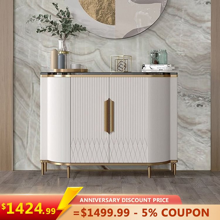 Homemys White Luxury 2-Door Sideboard Buffet with Marble Top Modern Sideboard Cabinet in Gold
