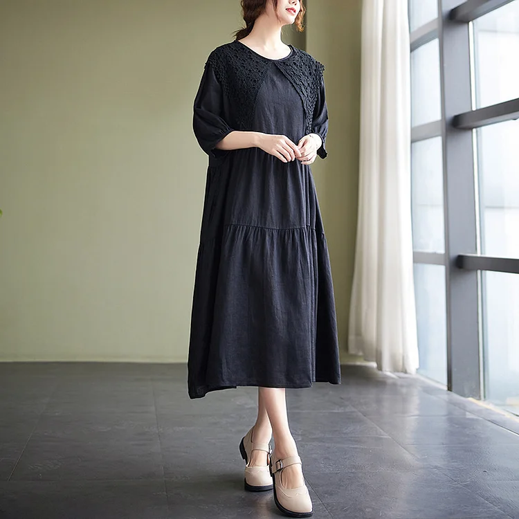 Classic Lace Splicing Doll Neck Midi Dress - yankia