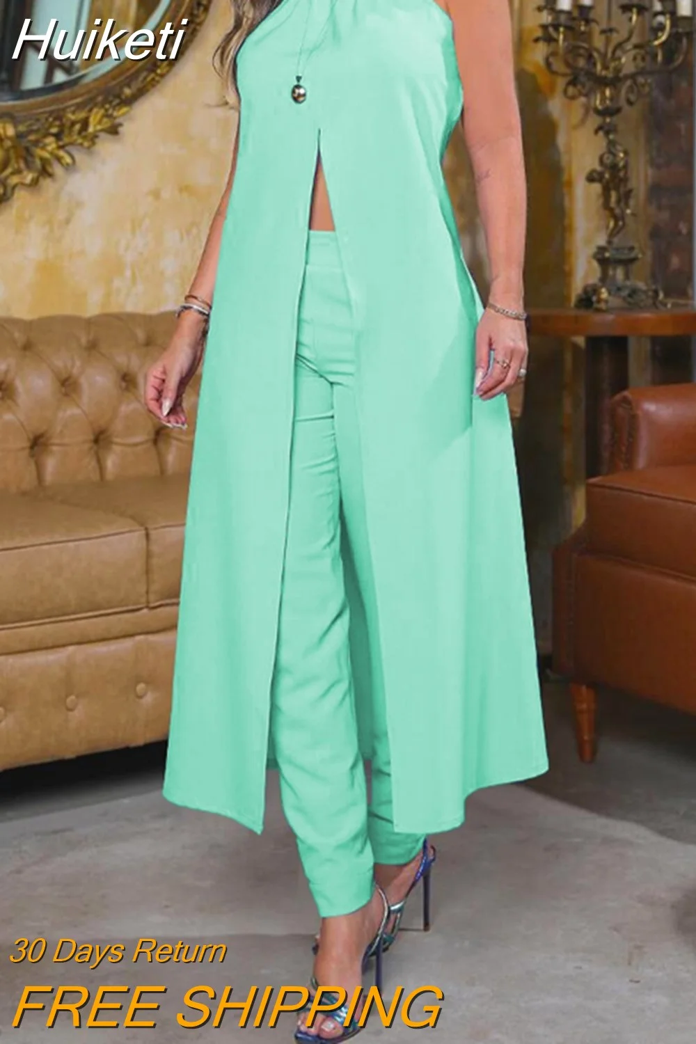 Huiketi Women Fashion Sleeveless Two Piece Suit Sets Office Lady Work Wear Solid Halter High Slit Longline Top Pants Set