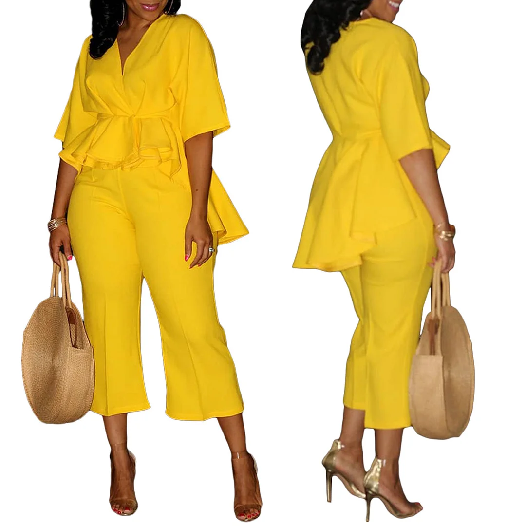 Fashion V-neck Wrinkled Solid Color Two-piece Suit | IFYHOME