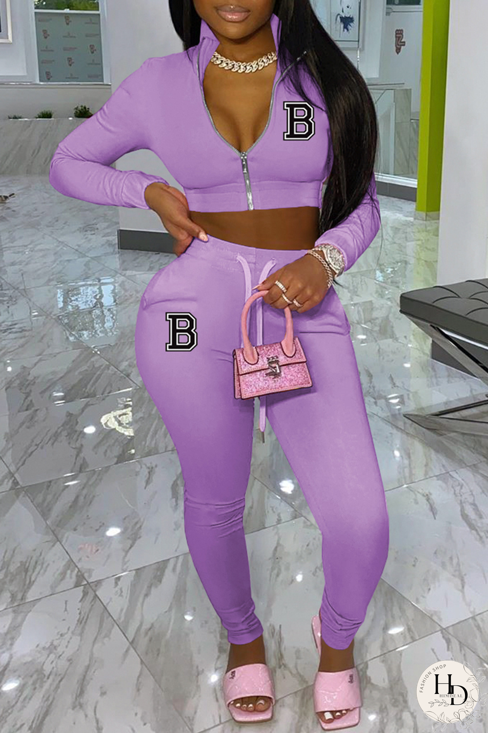 Purple Fashion Print Patchwork Zipper Collar Long Sleeve Two Pieces