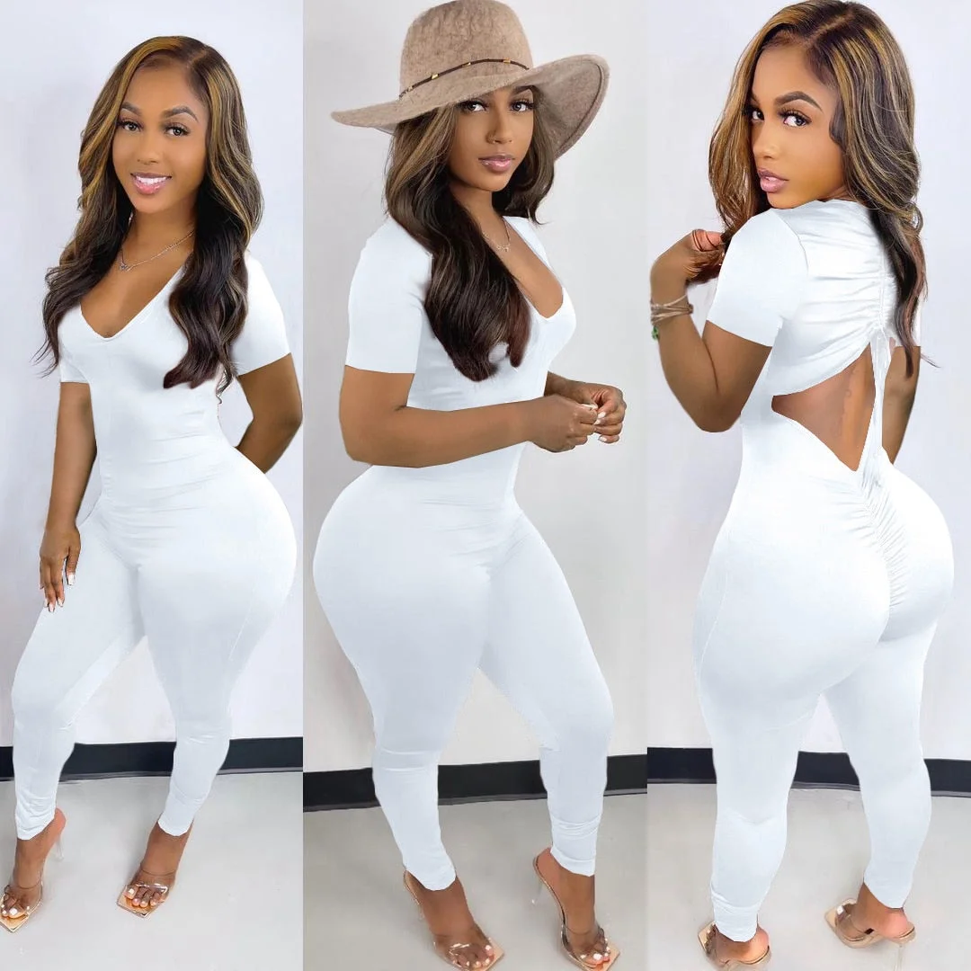 CM.YAYA Women Long Sleeve Ruched Open Back V-neck Jumpsuit Streetwear Sexy Party Solid High Waist One Piece Overall Playsuits