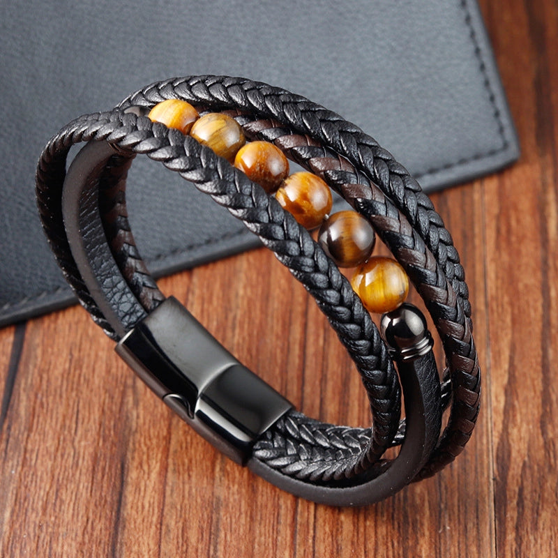 Leather Cord Bracelet Yellow Tiger-Stone Bracelet Natural Stone Multi-Layer Titanium Steel Men's Jewelry L20290