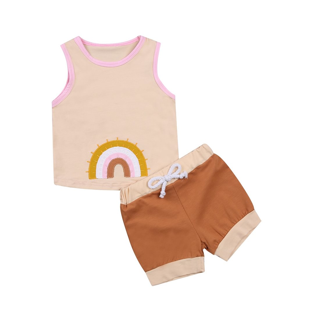 Children Baby Boys Embroidery Two Piece Set, Kid's Vest Tank Tops Waist Elastic Lace Up Shorts Beachwear Set 6M-5T