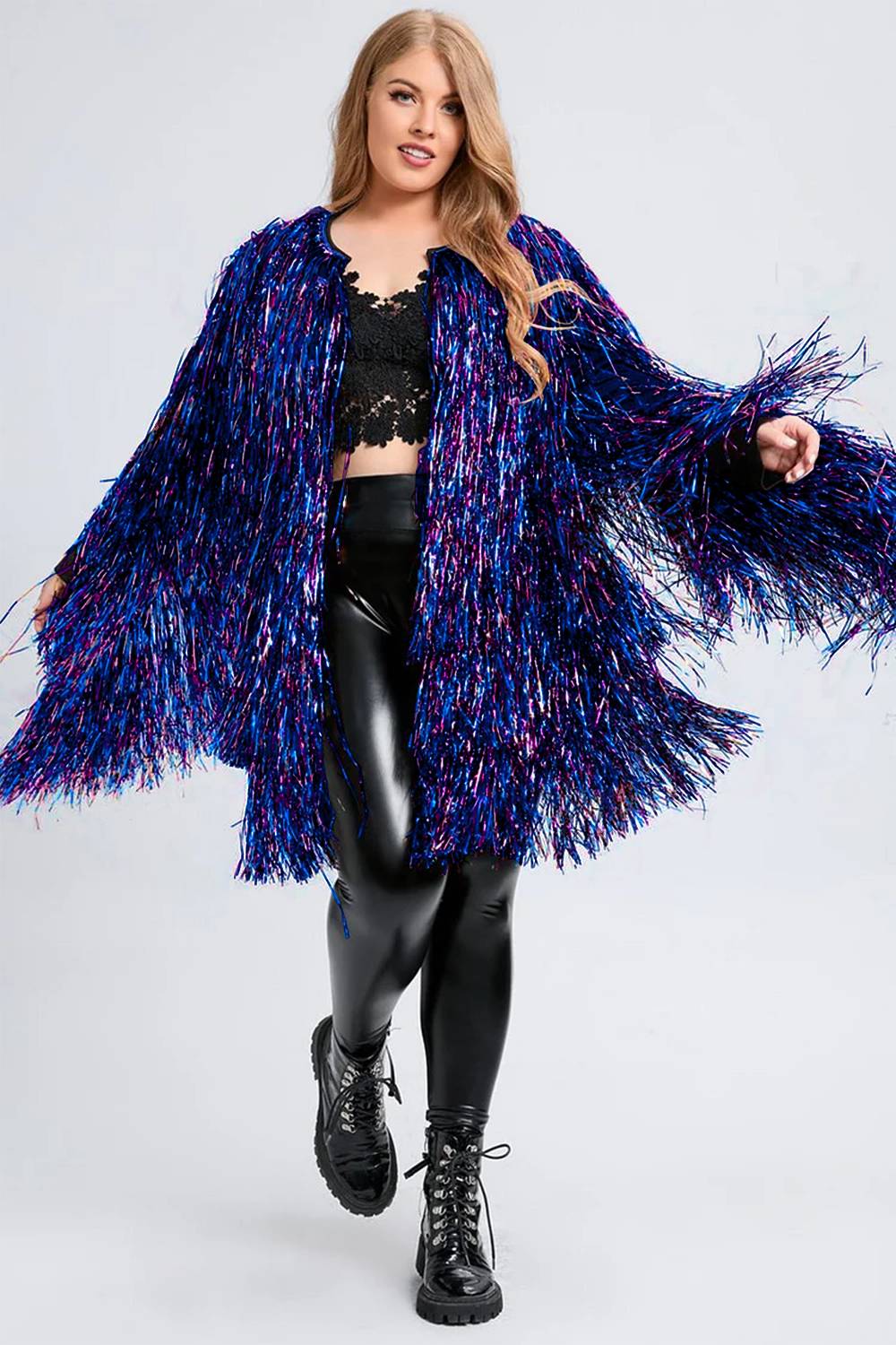 Design Plus Size Party Gradual Tinsel Fringe Swing Outerwear Coat Cardigans