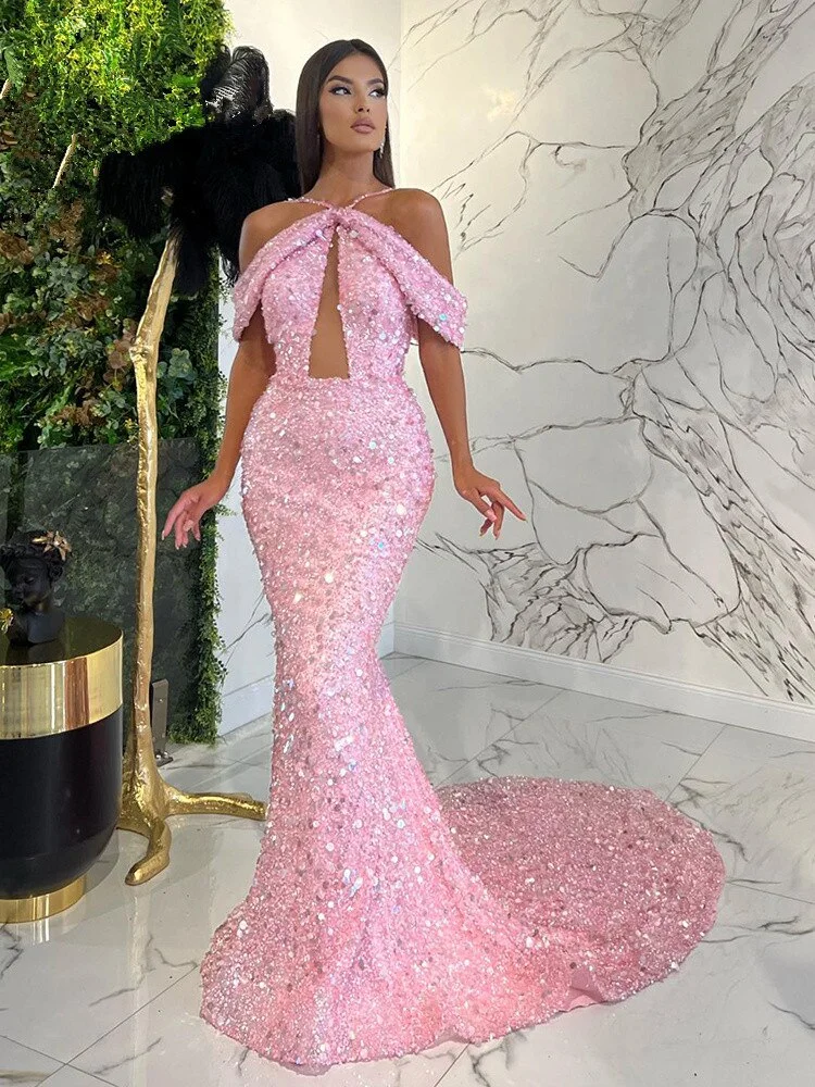 Women's Summer Fashion  Backless Mesh Sequins Pink Maxi Long Bodycon Gowns Dress 2023 Elegant Evening Party Club Dress