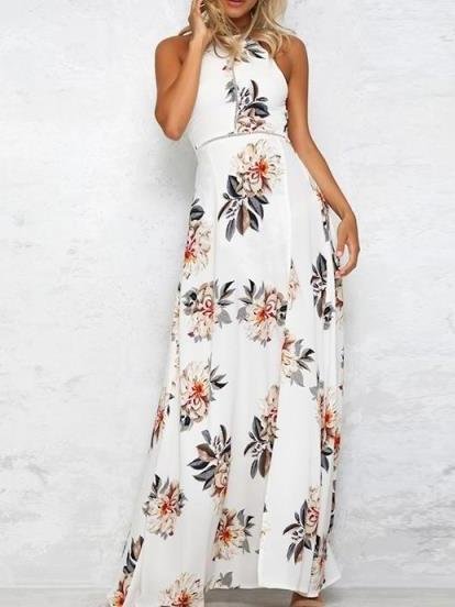 Floral Print Sleeveless Split Chiffon Beach Maxi Dress