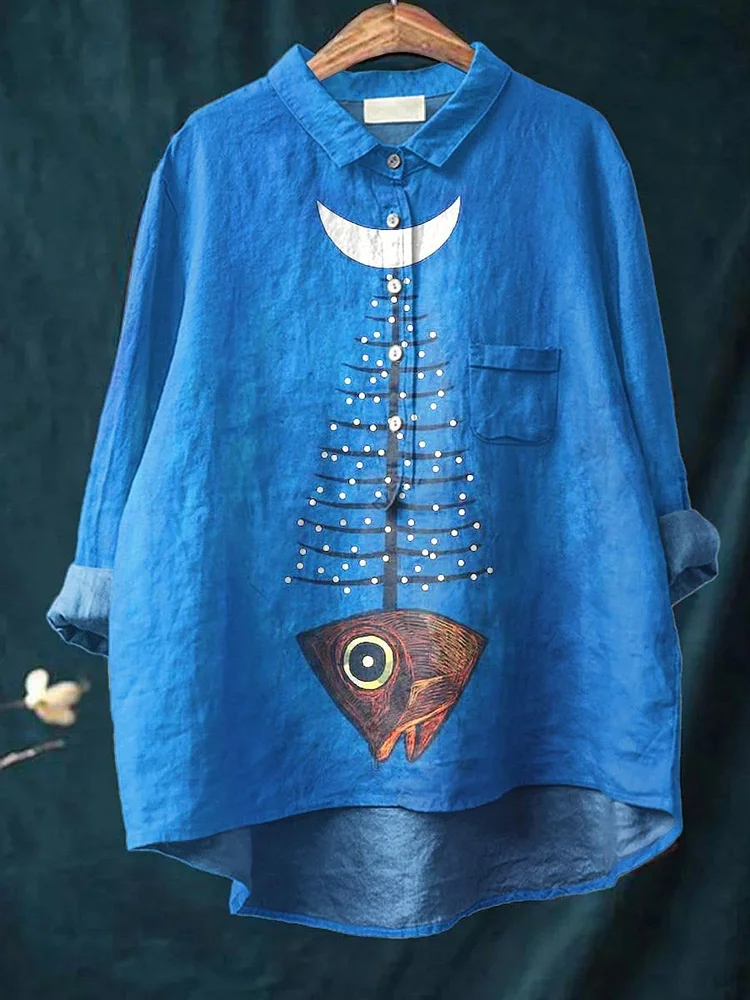 Fish Moon Art Pattern Print Casual Cotton And Linen Shirt