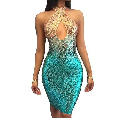 Uaang Chic Summer Gold Red Sequins Dress Backless Sleeveless Bodycon Muliti Color Cross Halter Club Party Dresses 2022 Vestidos
