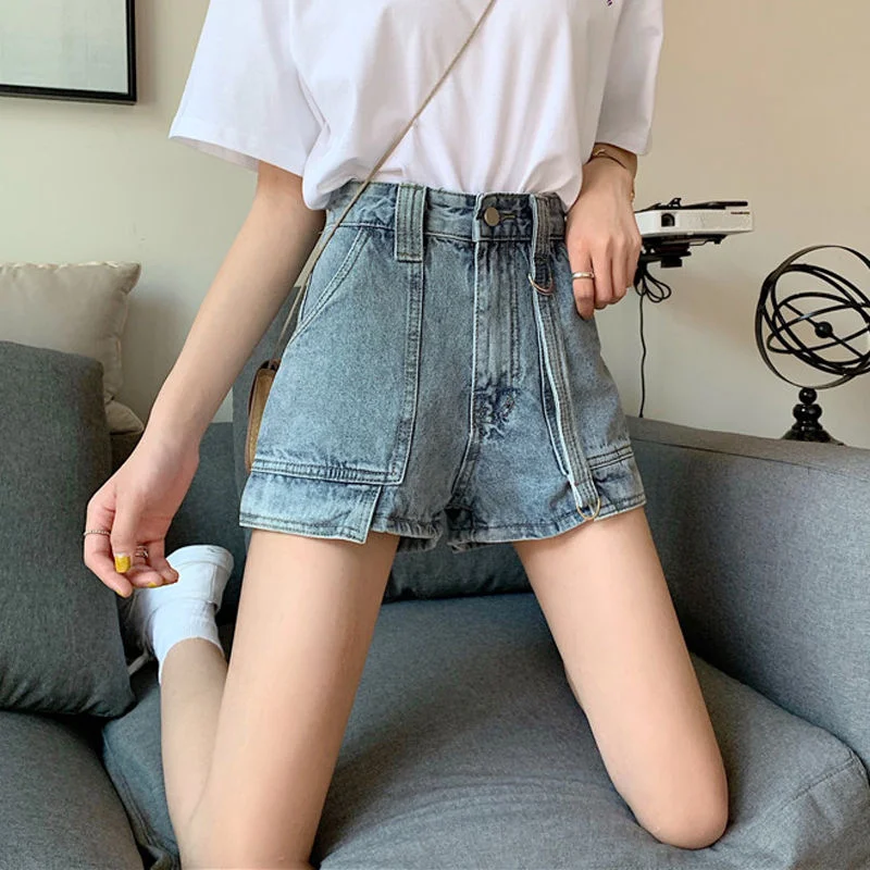 Shorts Women Summer Denim High-waist Pockets Buttons Wide-leg Korean-style Womens Short Chic Fashion BF Street Wear Casual Retro